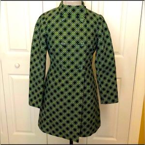 Banana Republic Green Navy Tailored 60’s Geometric Raincoat Jacket Trench S XS